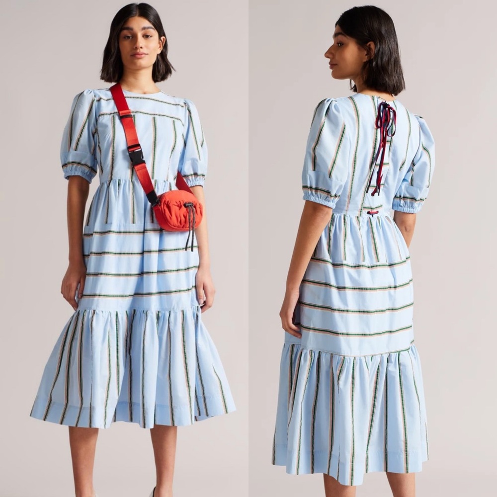 TED BAKER Multi Stripe Midi Dress Panelled Light Blue Cotton Blend Size US 6